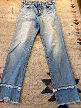 Ag Adriano Goldschmied Light Blue Straight-Leg Jeans with Frayed Hem